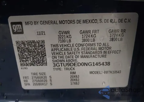 2022 GMC Sierra 1500 Limited 4Wd Short Box Slt z USA, uszkodzony, nr VIN 3GTU9DED0NG145438